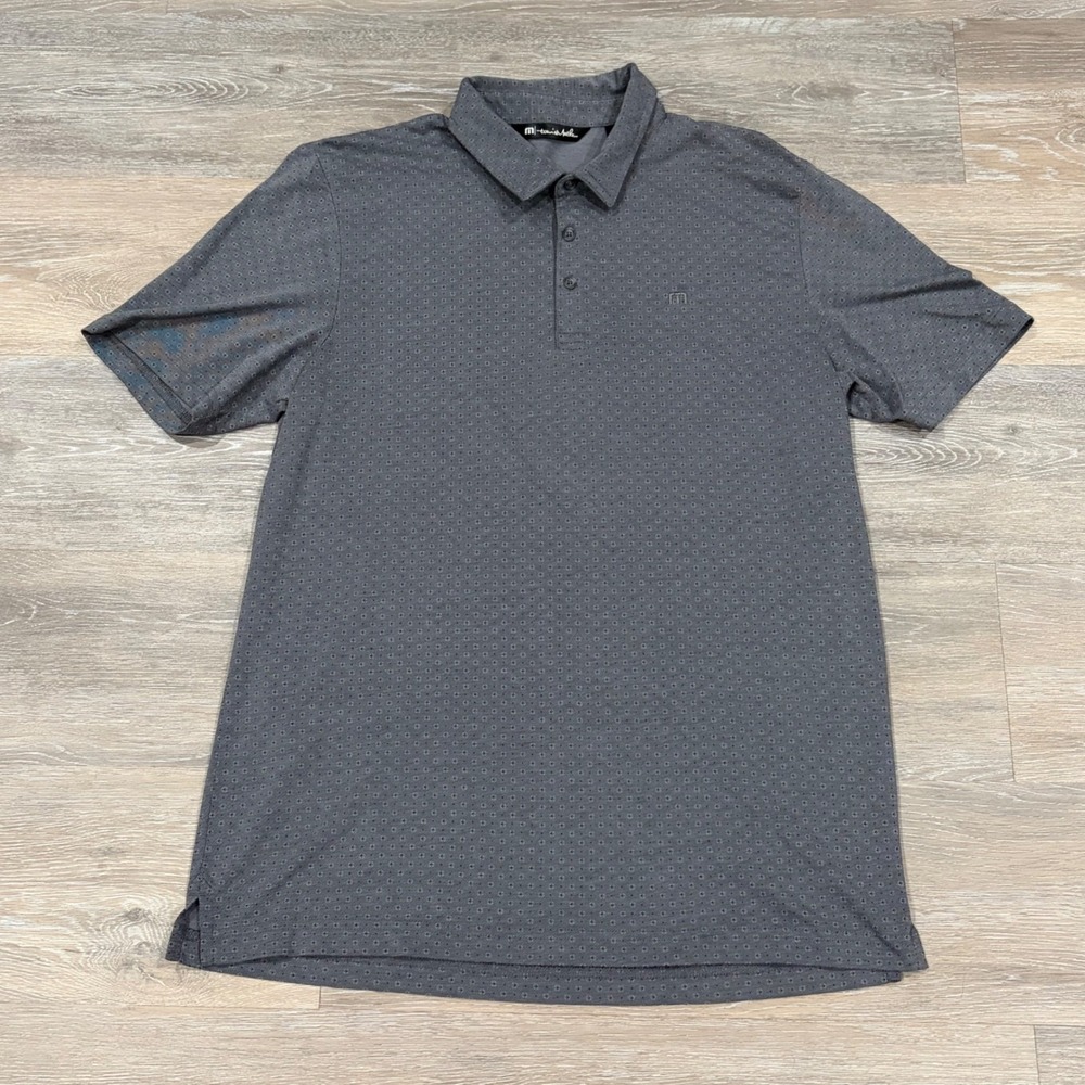TravisMathew Mens Large Gray Geometric Micro Print Short Sleeve Golf Polo Shirt
